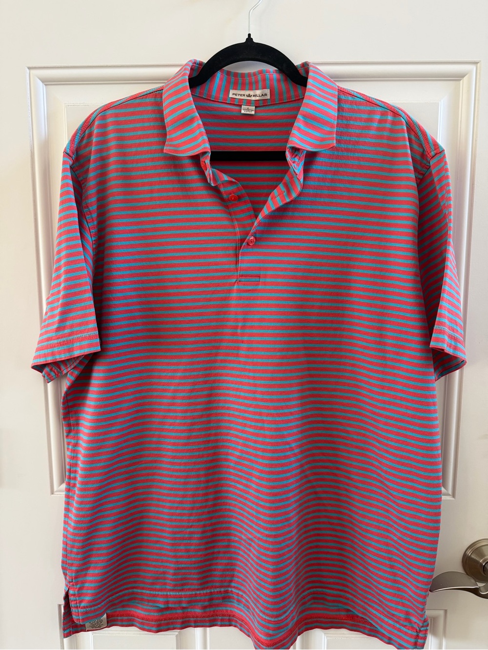 Peter Millar Coral Pink/Red and Aqua Blue Striped Polo Golf